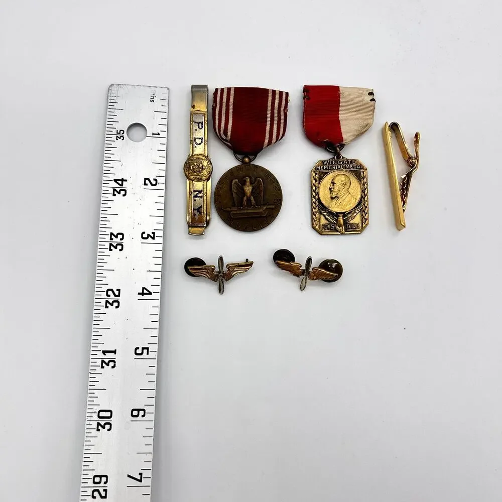 Vintage Medal & Tie Bar Lot PDNY NYPD Wingate DB Sterling Bar Propeller Pin 30s